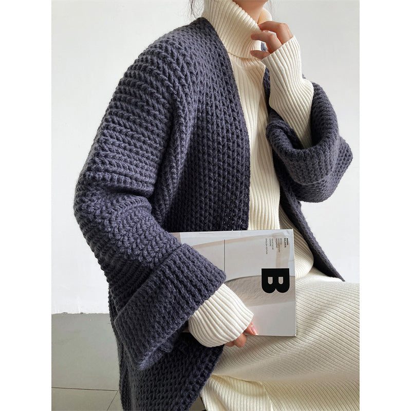 Damen Long Cardigan | Modisches Zopfmuster & Praktische Taschen