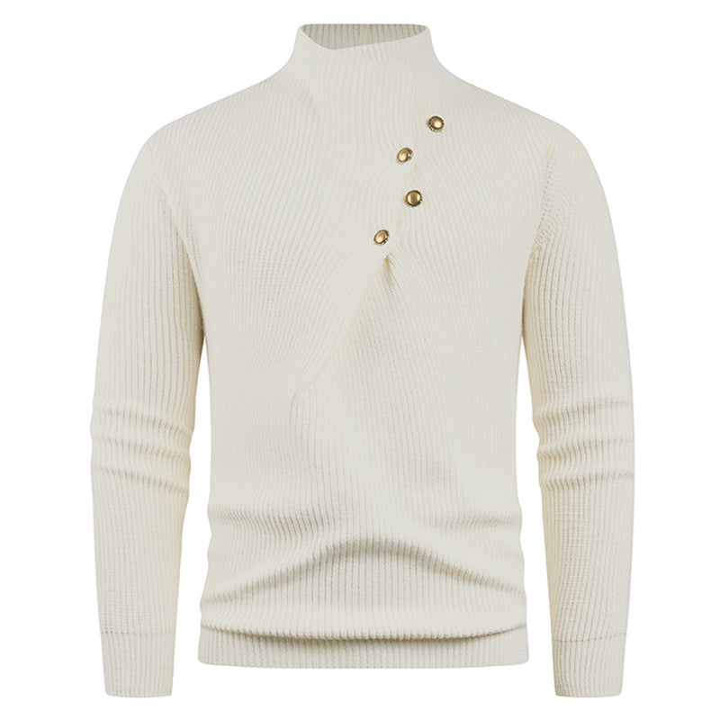 Herren Strickpullover mit asymmetrischem Kragen & Holzknöpfen | Stylischer Baumwollpullover