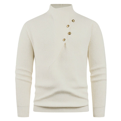 Herren Strickpullover mit asymmetrischem Kragen & Holzknöpfen | Stylischer Baumwollpullover