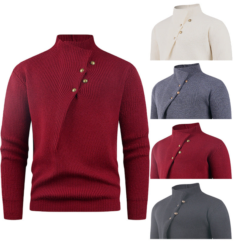 Herren Strickpullover mit asymmetrischem Kragen & Holzknöpfen | Stylischer Baumwollpullover