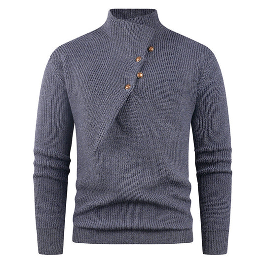 Herren Strickpullover mit asymmetrischem Kragen & Holzknöpfen | Stylischer Baumwollpullover