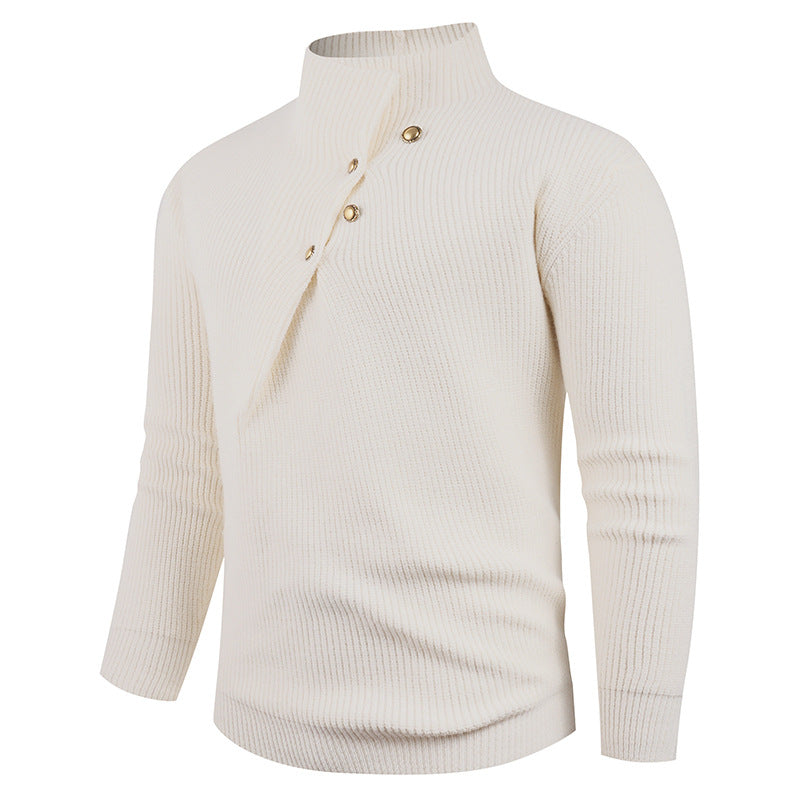 Herren Strickpullover mit asymmetrischem Kragen & Holzknöpfen | Stylischer Baumwollpullover