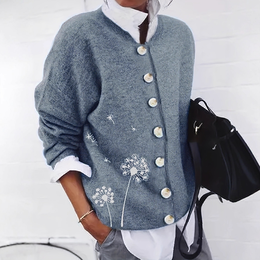 Strickjacke mit Löwenzahn-Print | Damen Cardigan mit Knopfleiste, charmant & vielseitig