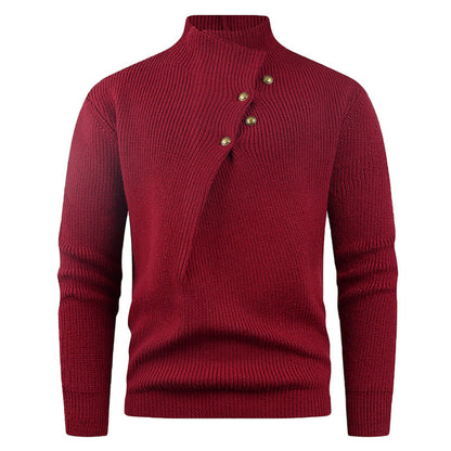 Herren Strickpullover mit asymmetrischem Kragen & Holzknöpfen | Stylischer Baumwollpullover