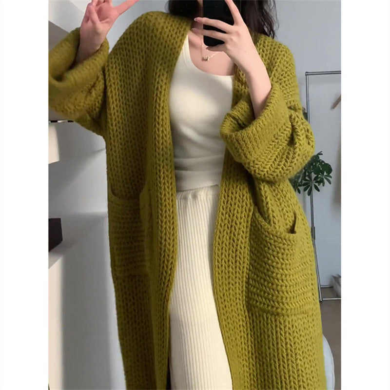 Damen Long Cardigan | Modisches Zopfmuster & Praktische Taschen