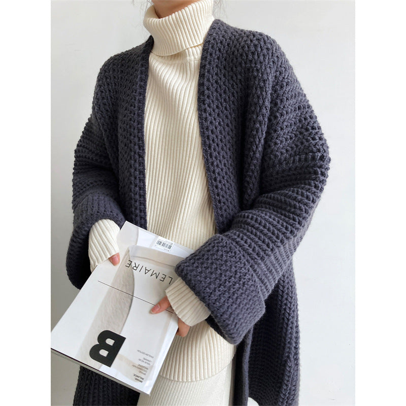 Damen Long Cardigan | Modisches Zopfmuster & Praktische Taschen