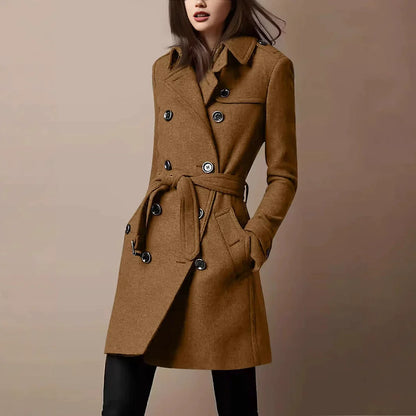 Elvira | Damen Mantel Slim Fit mit Gürtel, Wollstruktur und Doppelreihe Knöpfe – Mittellang