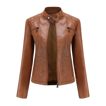 Elena| Damen Slim Fit Lederjacke, Full Zip mit Stehkragen