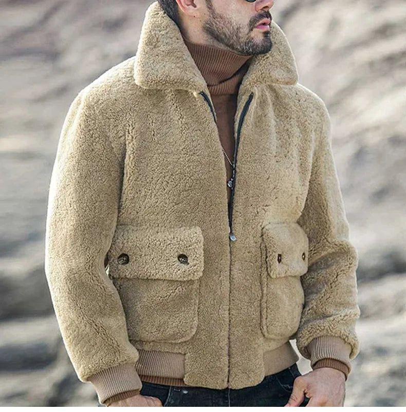 Maik | Herren Beiger Imitations-Lammfell Reißverschlussjacke mit Großen Taschen – Warm und Praktisch