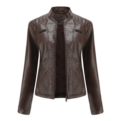Elena| Damen Slim Fit Lederjacke, Full Zip mit Stehkragen