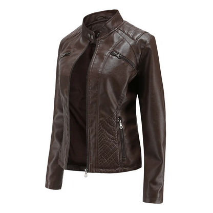 Elena| Damen Slim Fit Lederjacke, Full Zip mit Stehkragen