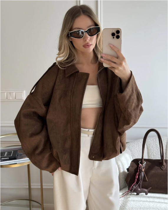 Oversized Velours Damenjacke | Lässige Herbst-Eleganz mit Minimal-Design