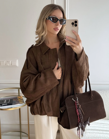 Oversized Velours Damenjacke | Lässige Herbst-Eleganz mit Minimal-Design