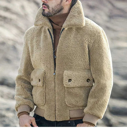 Maik | Herren Beiger Imitations-Lammfell Reißverschlussjacke mit Großen Taschen – Warm und Praktisch