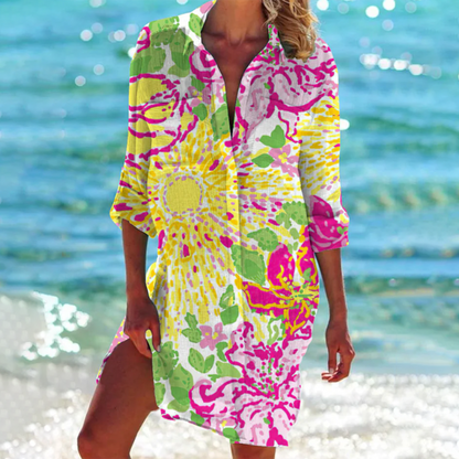 Damen Hemdkleid in A-Linie – Florales Sommerdesign & Luftiger Komfort