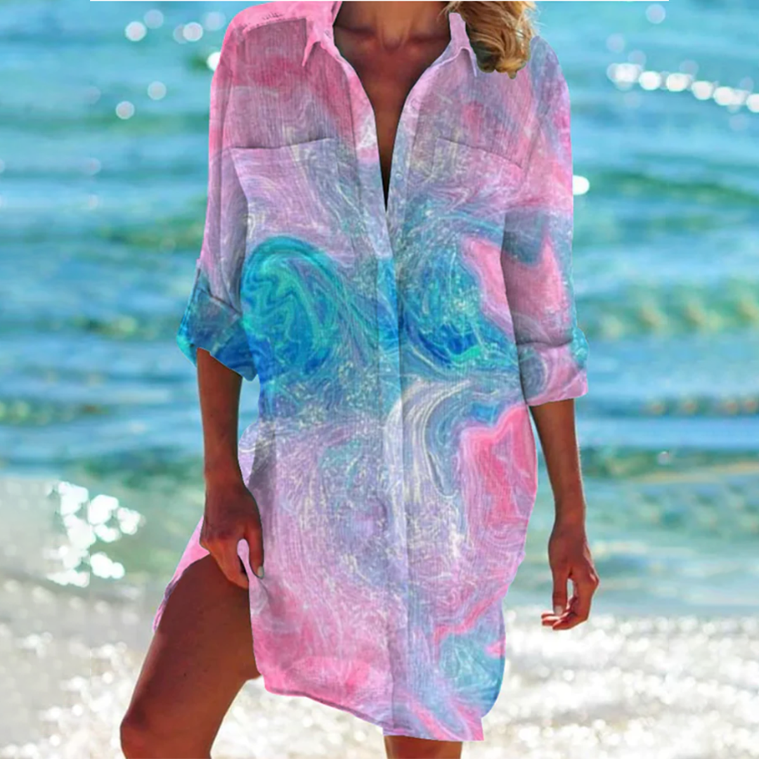 Damen Hemdkleid in A-Linie – Florales Sommerdesign & Luftiger Komfort