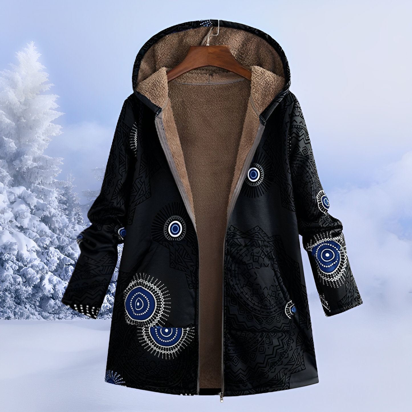 Damen-Winterjacke mit weichem Teddyfutter & Ethno-Muster