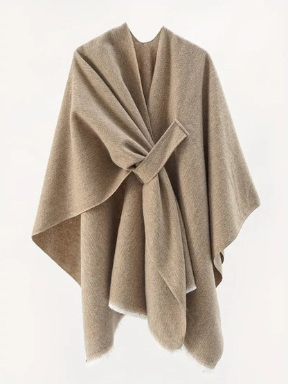 Inga | Women’s Asymmetrical Drape Shawl – Oversized Wickelcape mit Bindegürtel für Herbst & Winter