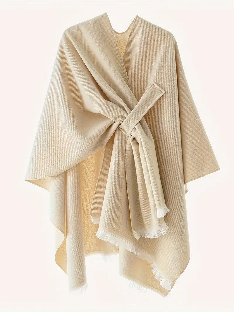 Inga | Women’s Asymmetrical Drape Shawl – Oversized Wickelcape mit Bindegürtel für Herbst & Winter