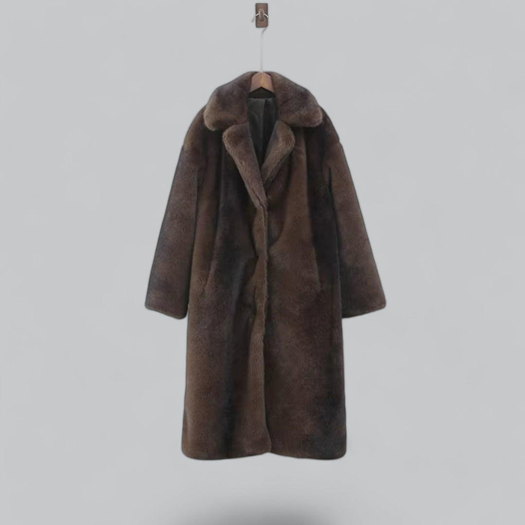 Kaja | Damen Langer Kunstpelzmantel in Dunkelbraun | Eleganter Wintermantel mit luxuriöser Optik