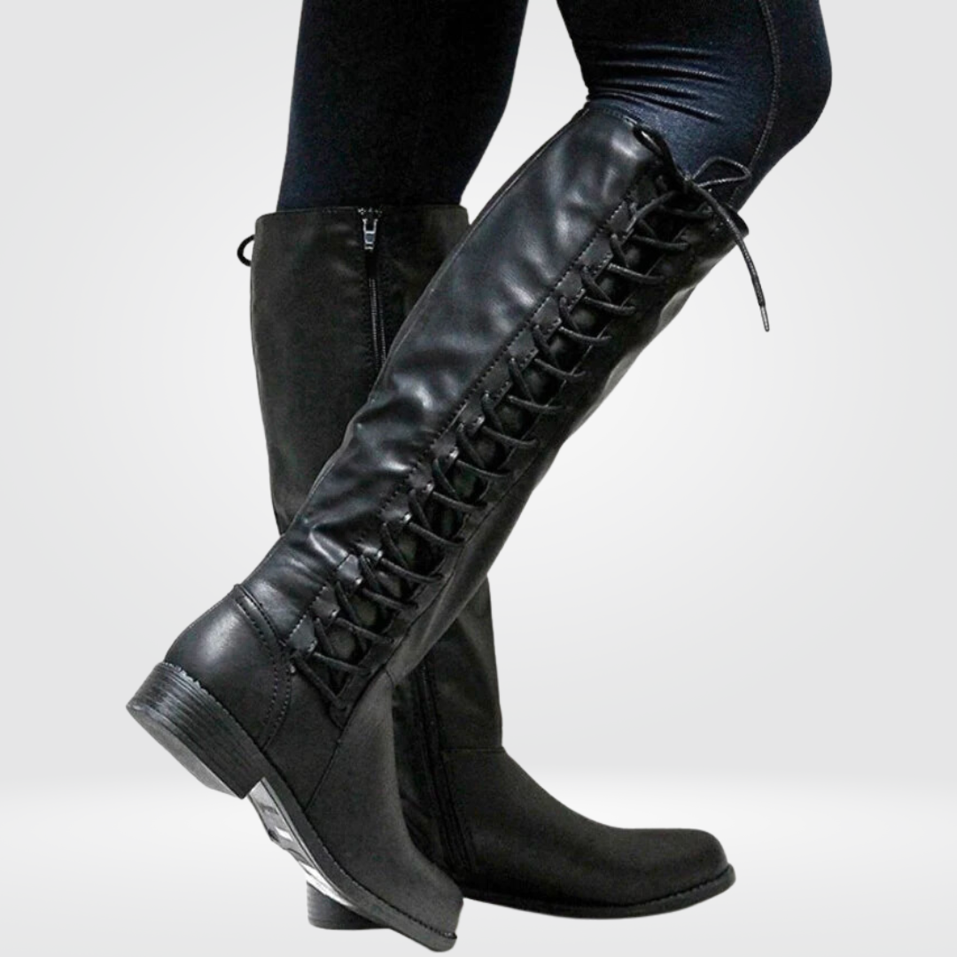 Larissa | Damen Stiefel bis zum Knie mit Schnürdetail & Seitlichem Reißverschluss | Stilvolle Winter Boots