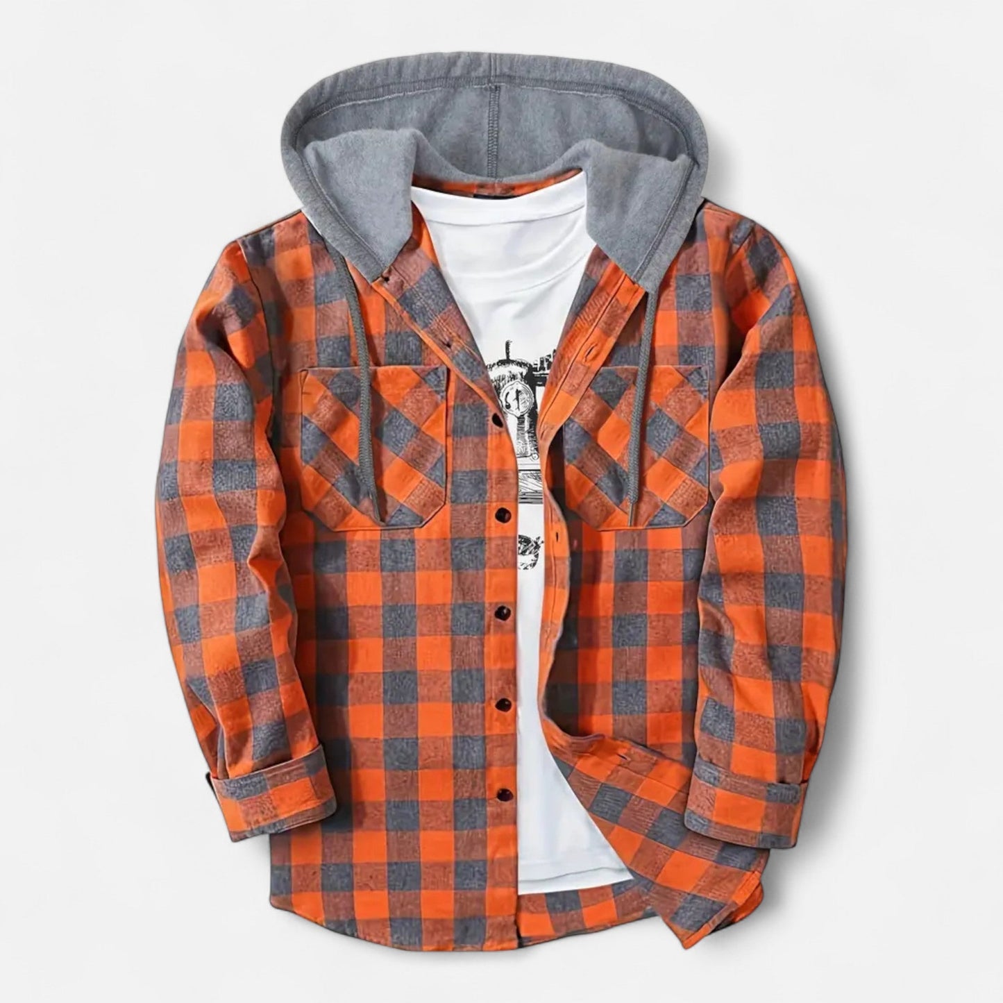 Sven | Herren Kariertes Button-Up Hoodie-Hemd – Weiche Übergangsjacke mit Kapuze & Kordelzug für Freizeit & Alltag
