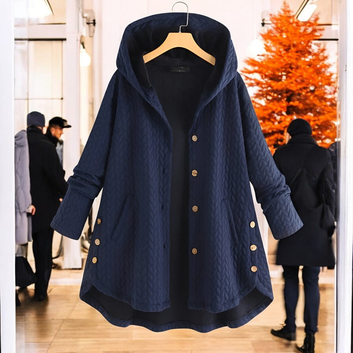 Ulrika | Damen Leichte Winterjacke mit Kapuze, Geflochtenem Muster und Knopfverschluss