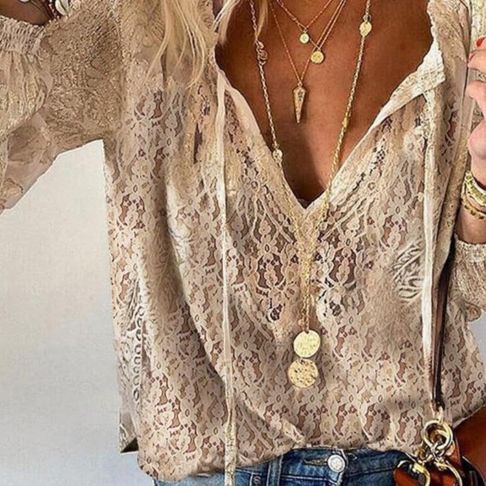 Damen Boho-Bluse mit Schlitz-Ausschnitt – Lockerer Stil für den Alltag
