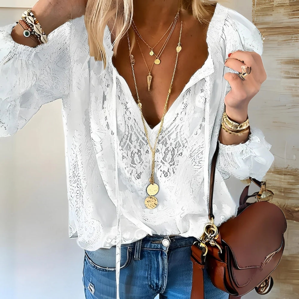 Damen Boho-Bluse mit Schlitz-Ausschnitt – Lockerer Stil für den Alltag