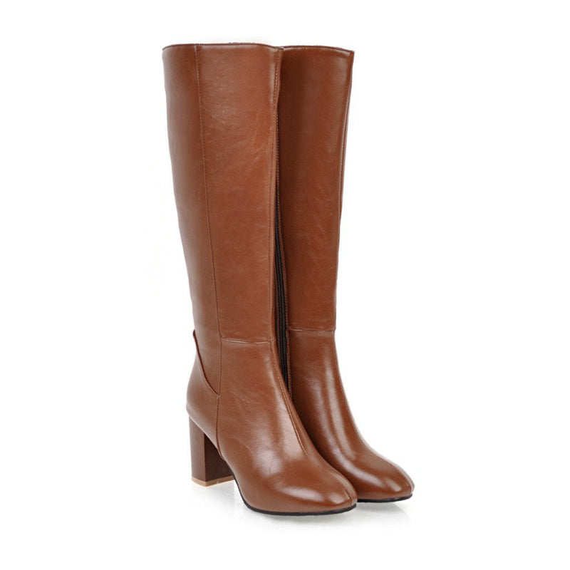 Siegrun | Damen Klassische Hohe Stiefel mit Blockabsatz & Seitlichem Reißverschluss