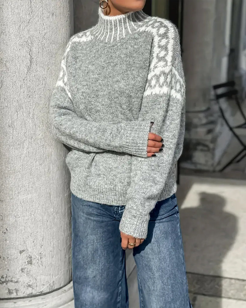 Gemusterter Damen Strickpullover | Weicher Grobstrick & warmer Stehkragen