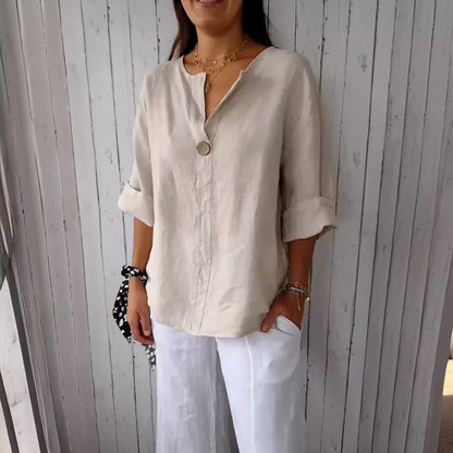 Damen Bluse mit V-Ausschnitt und 3/4 Ärmeln – Lockere Sommerbluse für Alltag und stilvolle Freizeitlooks