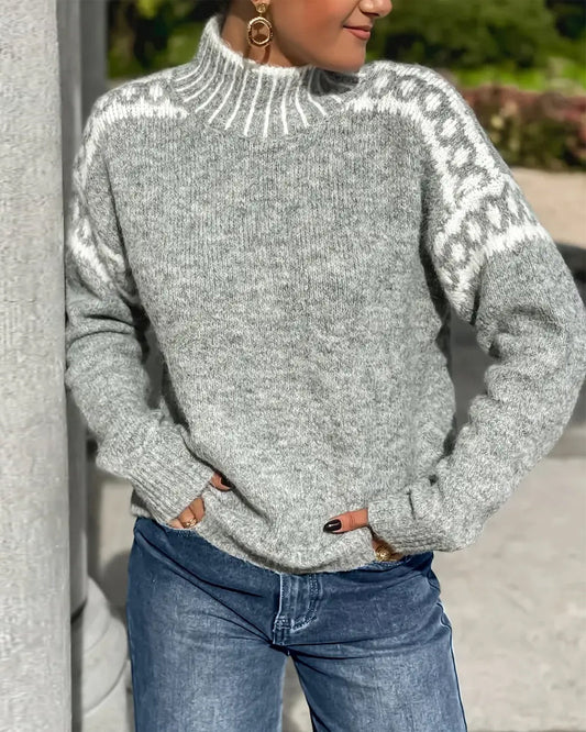 Gemusterter Damen Strickpullover | Weicher Grobstrick & warmer Stehkragen