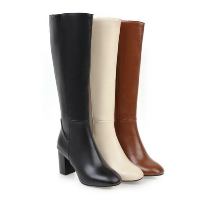 Siegrun | Damen Klassische Hohe Stiefel mit Blockabsatz & Seitlichem Reißverschluss