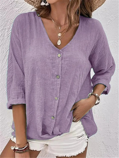 Damen Bluse mit V-Ausschnitt und Knöpfen – Elegant, Leicht & Vielseitig