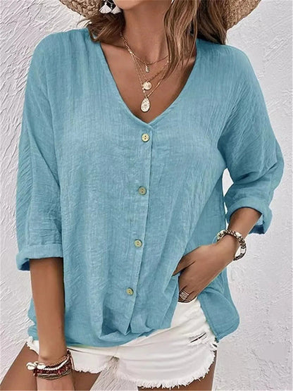 Damen Bluse mit V-Ausschnitt und Knöpfen – Elegant, Leicht & Vielseitig