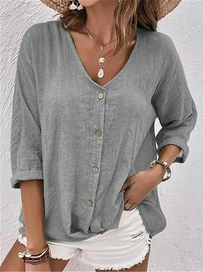 Damen Bluse mit V-Ausschnitt und Knöpfen – Elegant, Leicht & Vielseitig