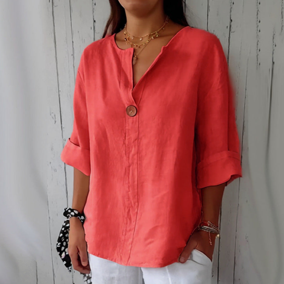 Damen Bluse mit V-Ausschnitt und 3/4 Ärmeln – Lockere Sommerbluse für Alltag und stilvolle Freizeitlooks