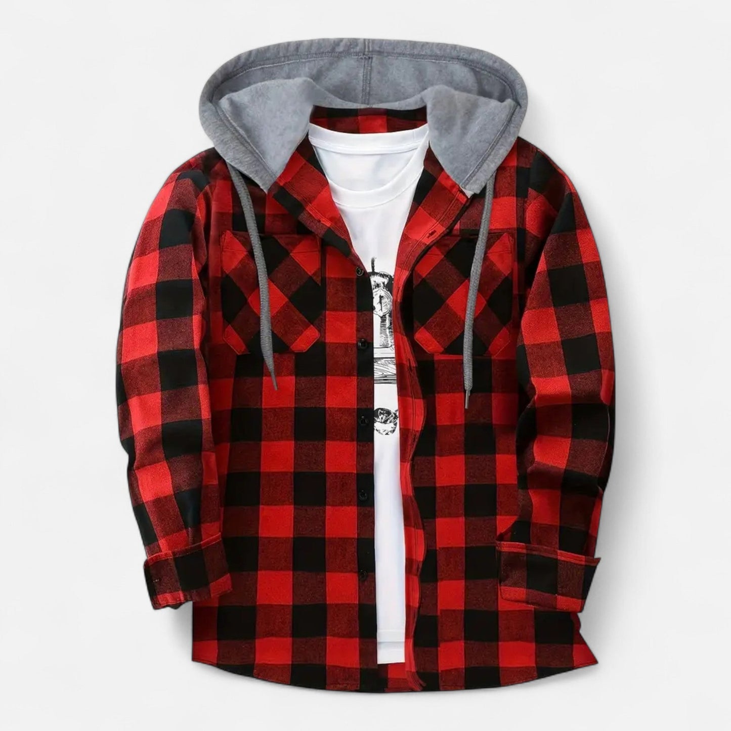 Sven | Herren Kariertes Button-Up Hoodie-Hemd – Weiche Übergangsjacke mit Kapuze & Kordelzug für Freizeit & Alltag