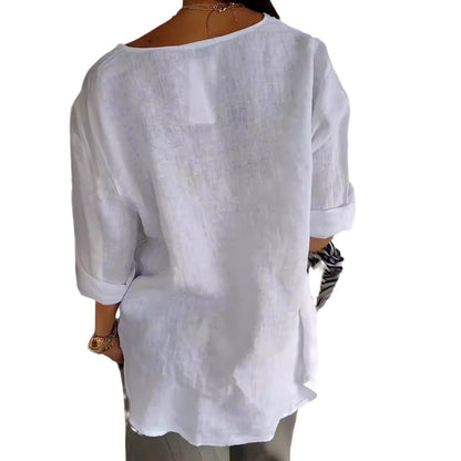 Damen Bluse mit V-Ausschnitt und 3/4 Ärmeln – Lockere Sommerbluse für Alltag und stilvolle Freizeitlooks