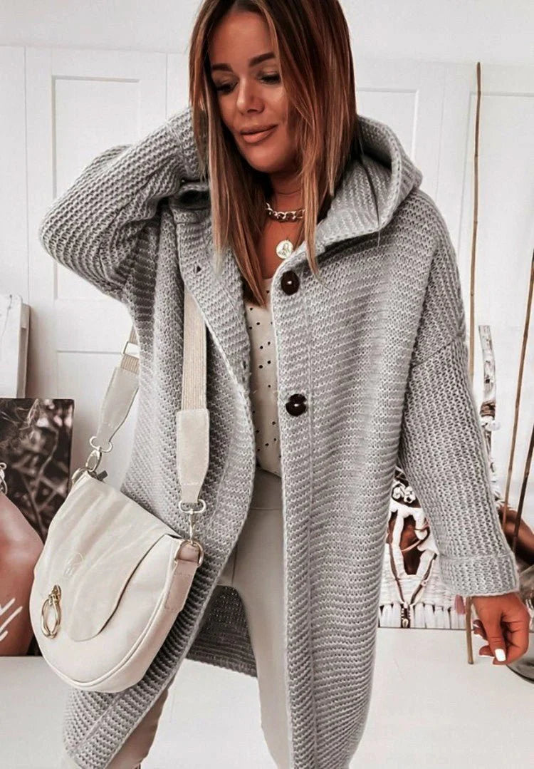 ButtonDown Hoodie Strickjacke Damen | langer Stricklook mit Kapuze für kühle Tage