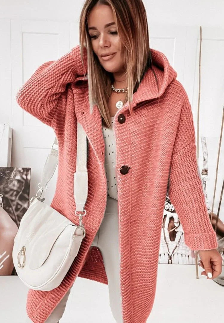 ButtonDown Hoodie Strickjacke Damen | langer Stricklook mit Kapuze für kühle Tage
