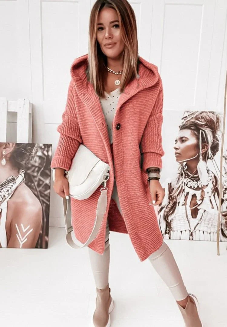 ButtonDown Hoodie Strickjacke Damen | langer Stricklook mit Kapuze für kühle Tage
