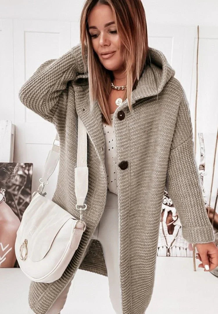 ButtonDown Hoodie Strickjacke Damen | langer Stricklook mit Kapuze für kühle Tage