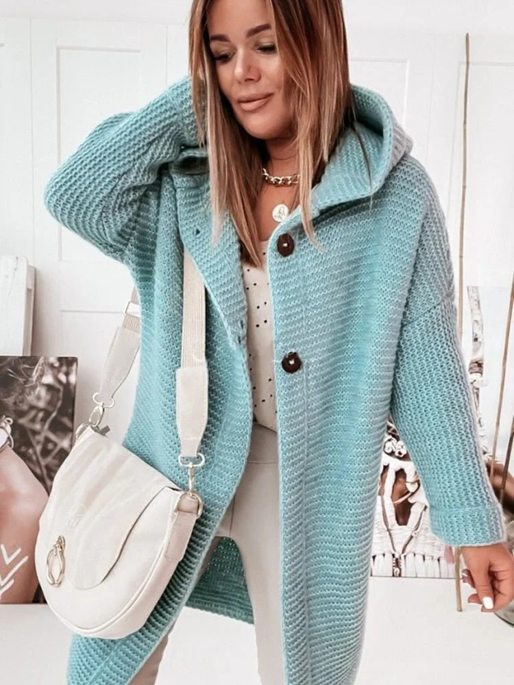 ButtonDown Hoodie Strickjacke Damen | langer Stricklook mit Kapuze für kühle Tage