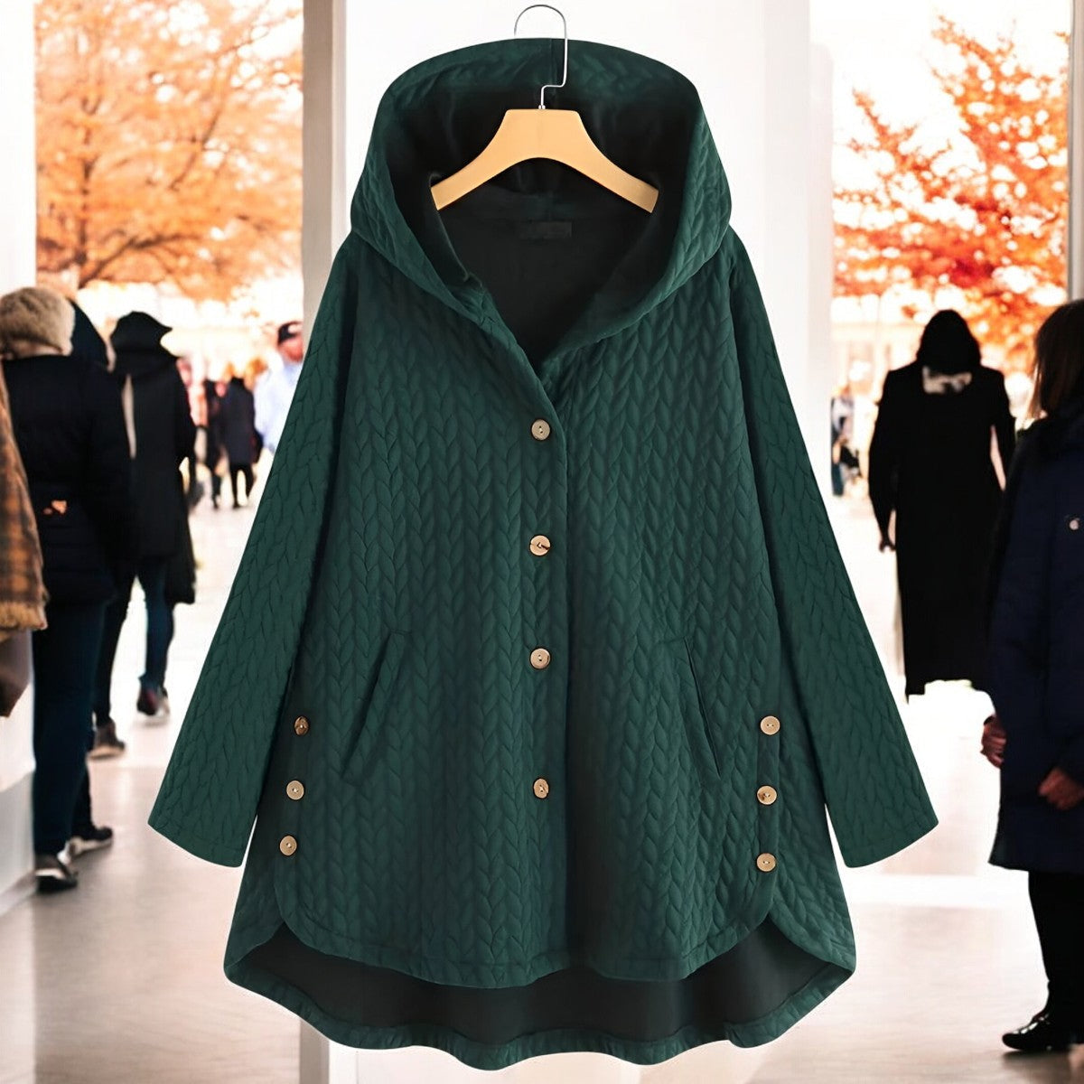 Ulrika | Damen Leichte Winterjacke mit Kapuze, Geflochtenem Muster und Knopfverschluss