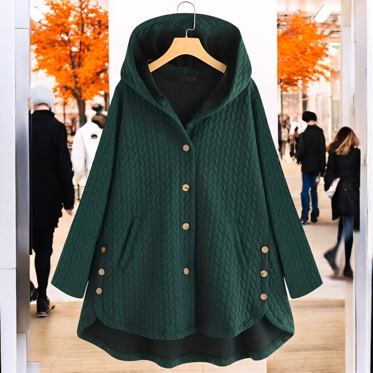 Ulrika | Damen Leichte Winterjacke mit Kapuze, Geflochtenem Muster und Knopfverschluss