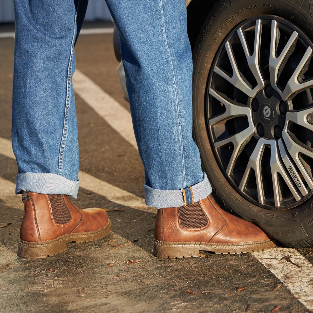 Maxen | Herren Sicherheitsstiefel aus Lederoptik – Mit Stahlkappe & Elastischen Seiteneinsätzen für Komfort und Schutz