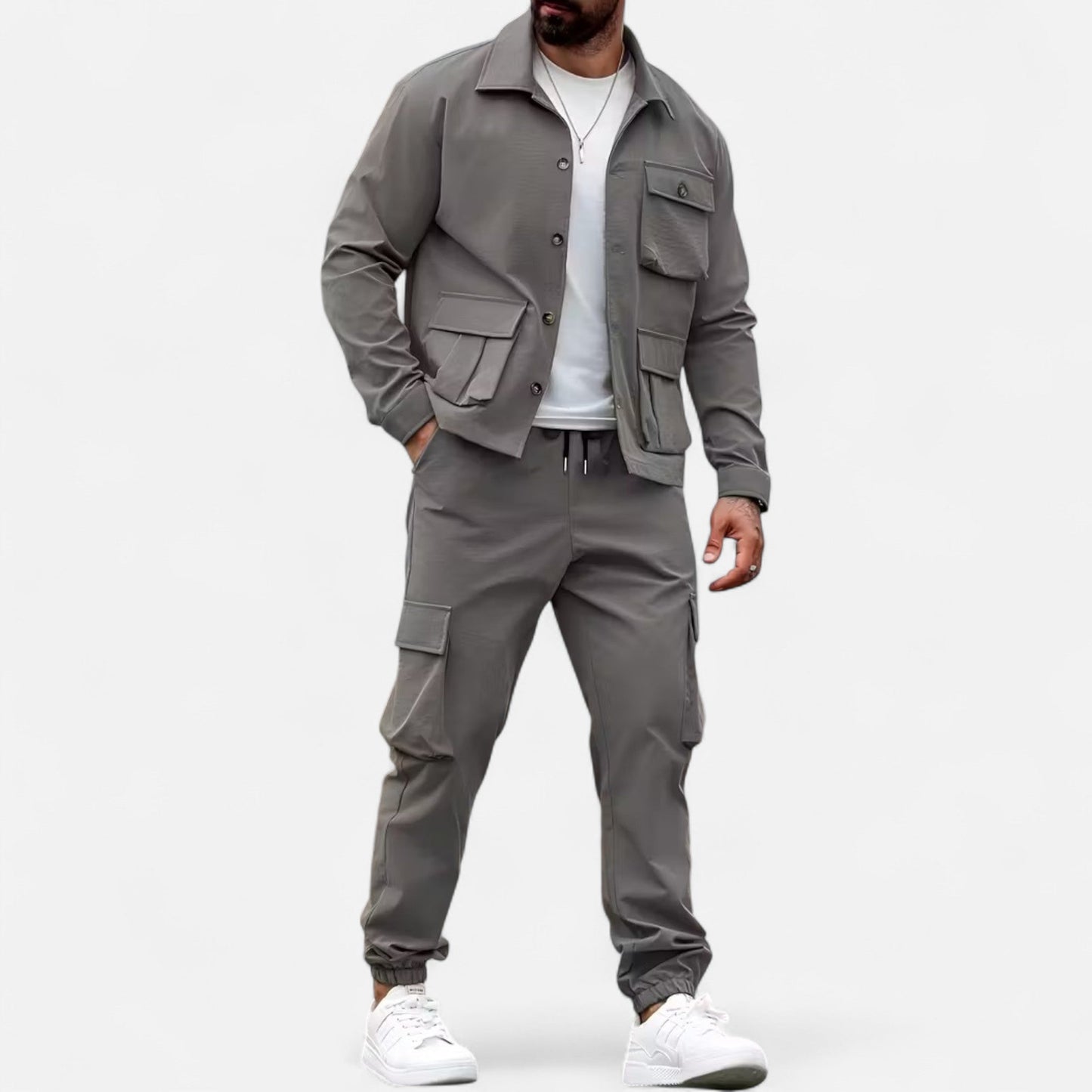 Ruben | Herren Workwear Set mit Hemdjacke & Jogginghose – Lässiges 2-Teiliges Outfit mit Taschen & Kordelzug für Alltag & Freizeit