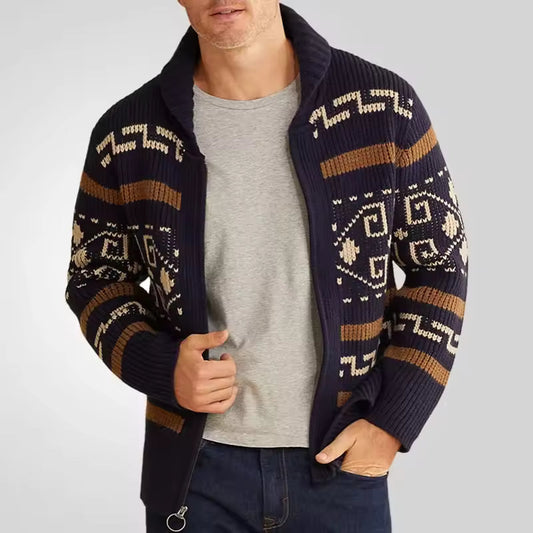 Ellington | Herren Strick Cardigan mit Tribal-Muster, Wollmix, Reißverschluss & Reverskragen